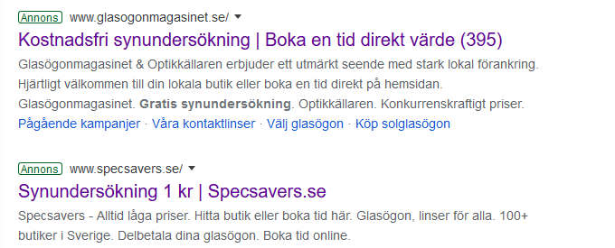 Skärmdump Google sökresultat, kostnadsfri synundersökning