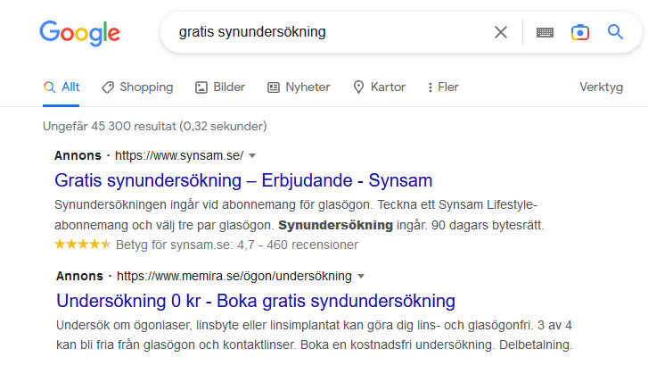 sökresultat på google efter gratis synundersökning, oktober 2022