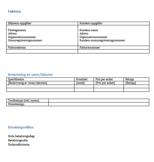 bild på enkel fakturamall som vi erbjuder gratis
