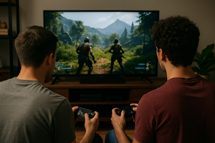 två personer spelar ett gratis spel till playstation tillsammans
