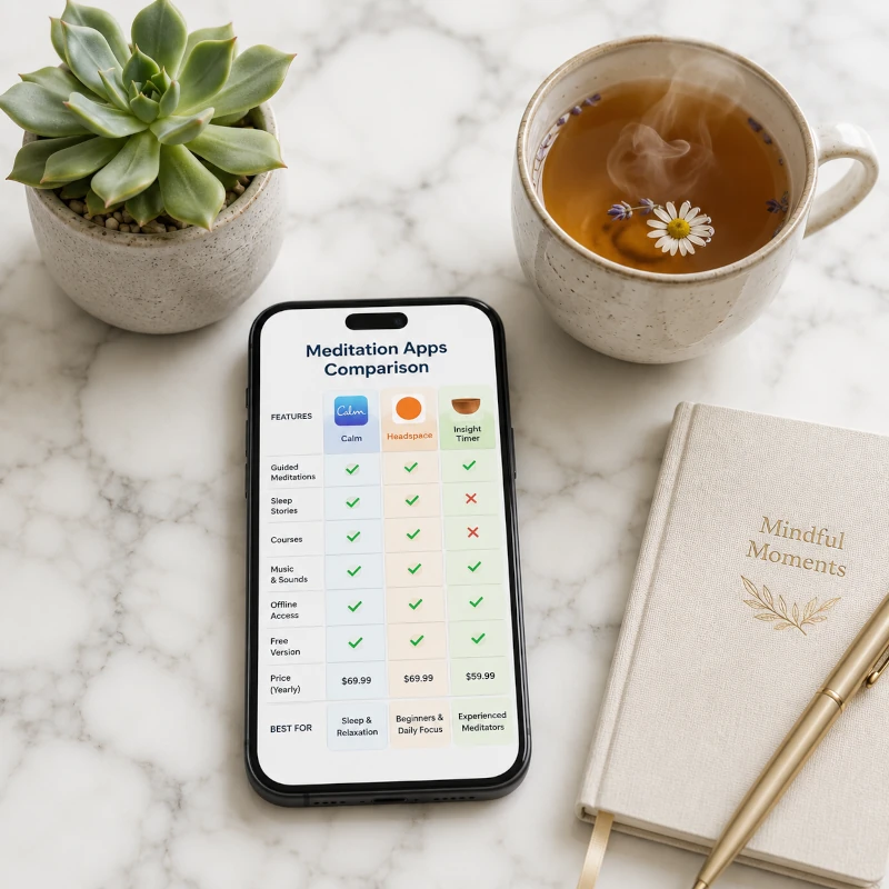 en sida på en mobil visar jämförelse av gratisappar för meditation