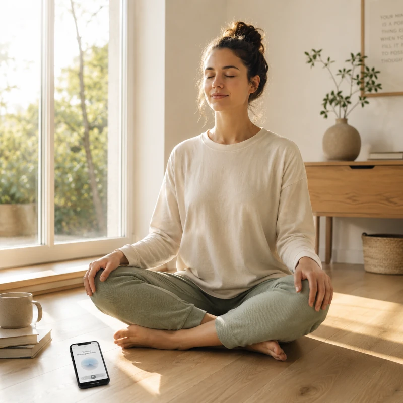 sitter på golvet och mediterar med mobilapp