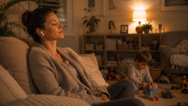 avkopplande meditationsövning i soffan, ett barn leker i bakgrunden
