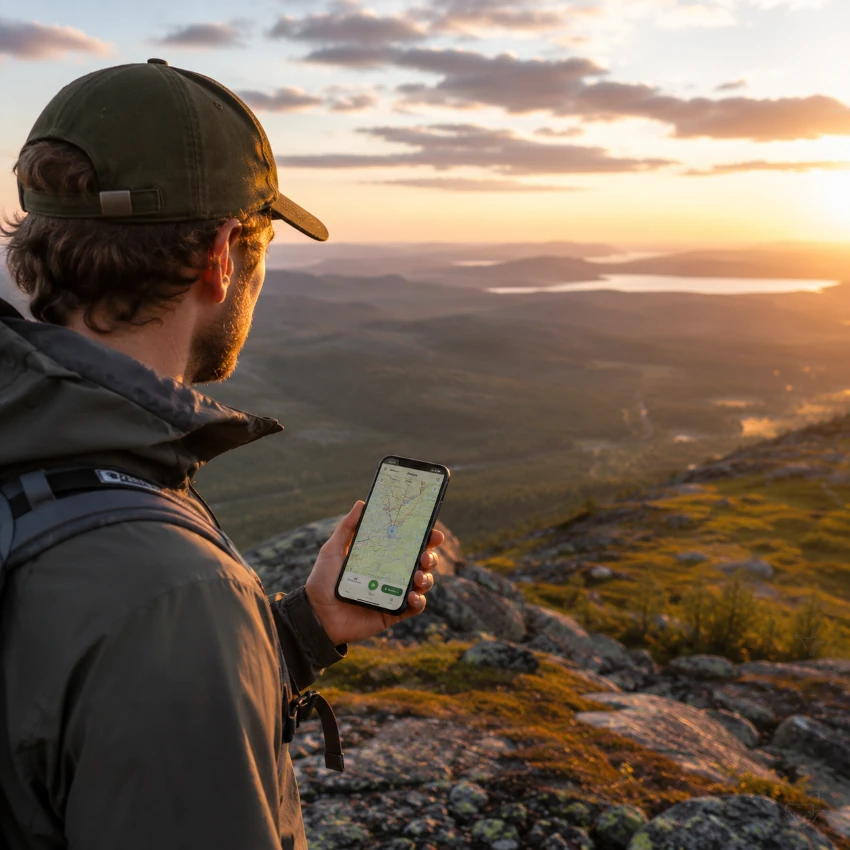 tittar på mobilen med gratis ledkarta för fjällvandring